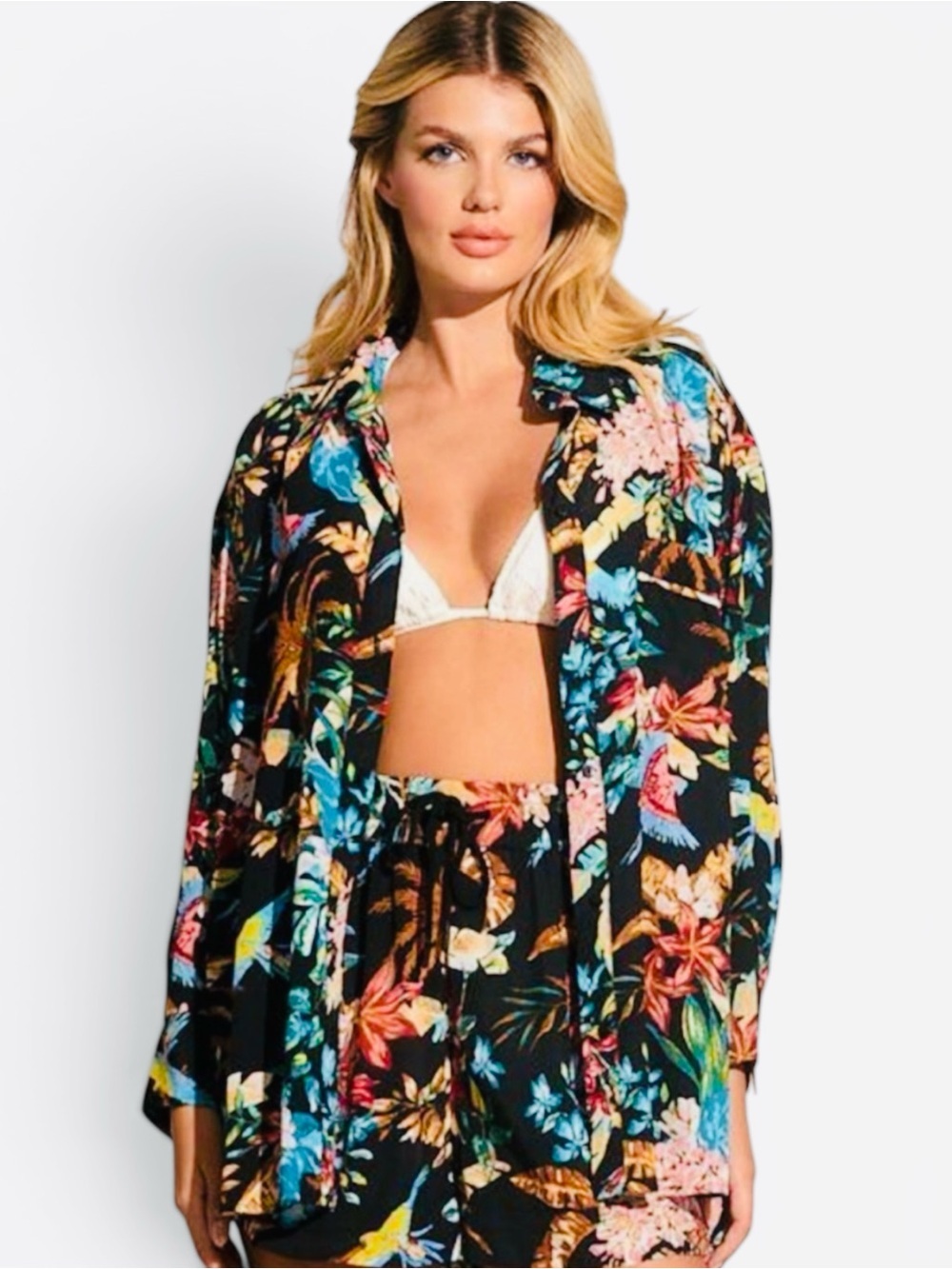 ELAN- Black Floral/Tropical Two-Piece Shirt & Shorts Set